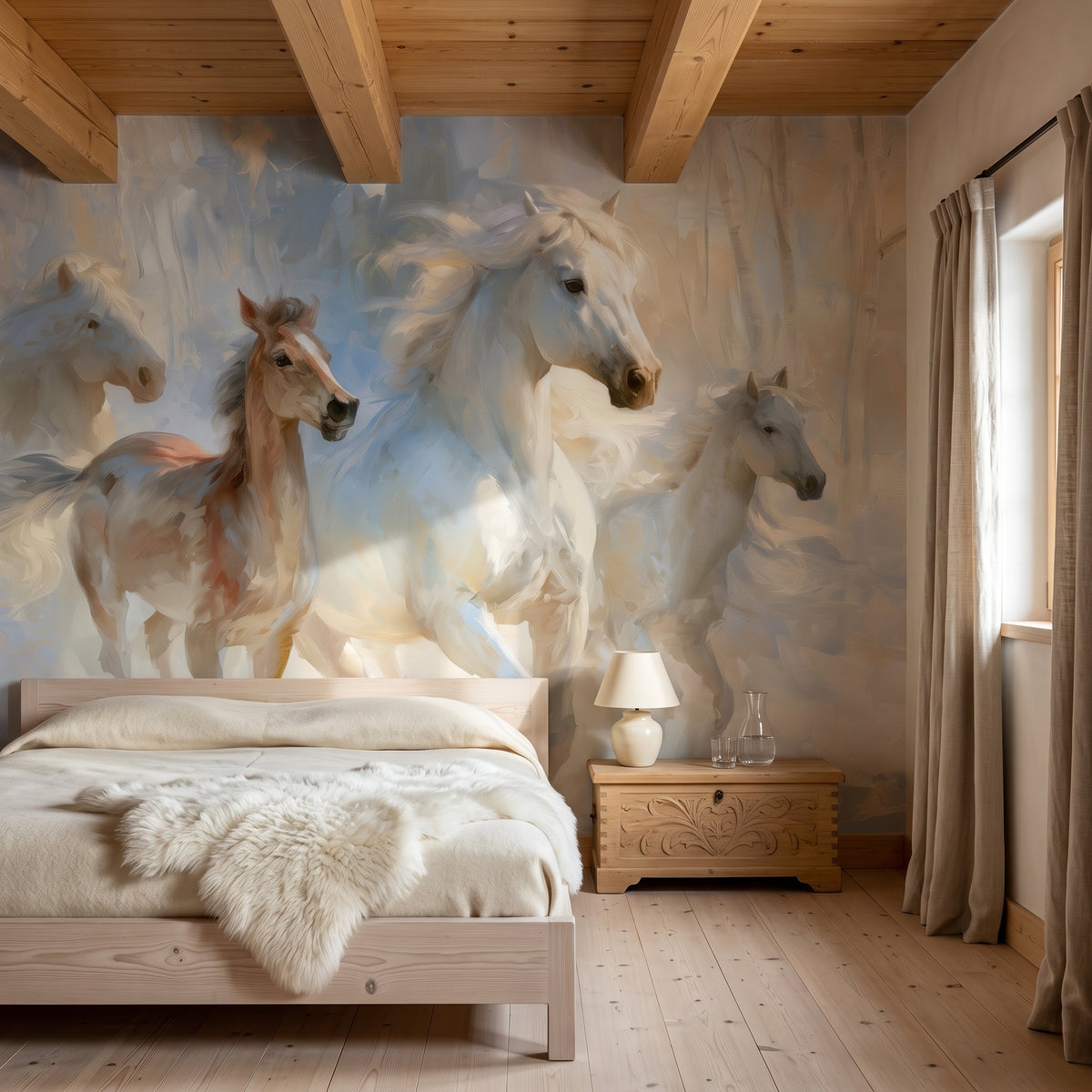 FROSTLIGHT HERD en una ambientación de dormitorio: caballos en un bosque invernal sobre una cama baja con ropa de lana crema