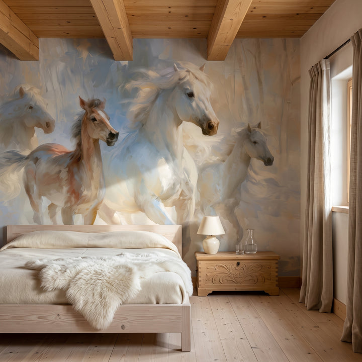 FROSTLIGHT HERD en una ambientación de dormitorio: caballos en un bosque invernal sobre una cama baja con ropa de lana crema