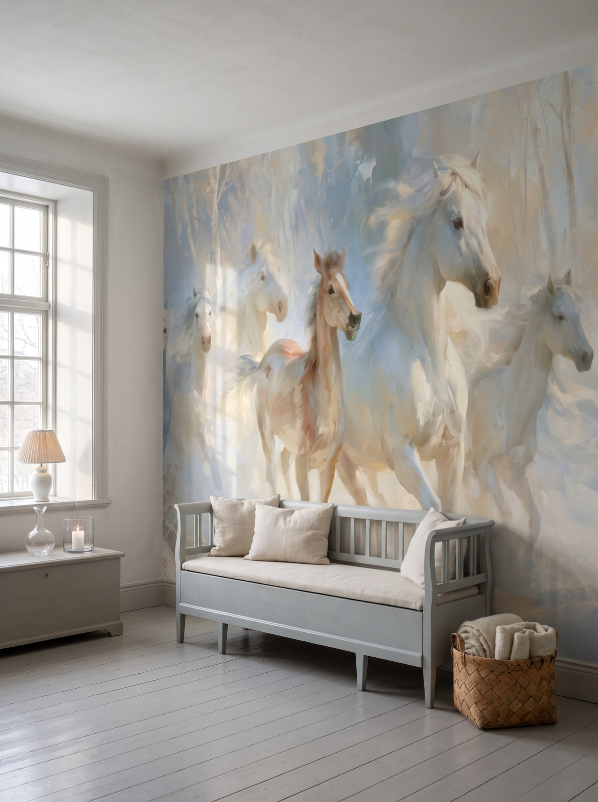 FROSTLIGHT HERD en una ambientación de recibidor: caballos blancos y un potro sobre un banco bajo gris azulado con cojines de lino