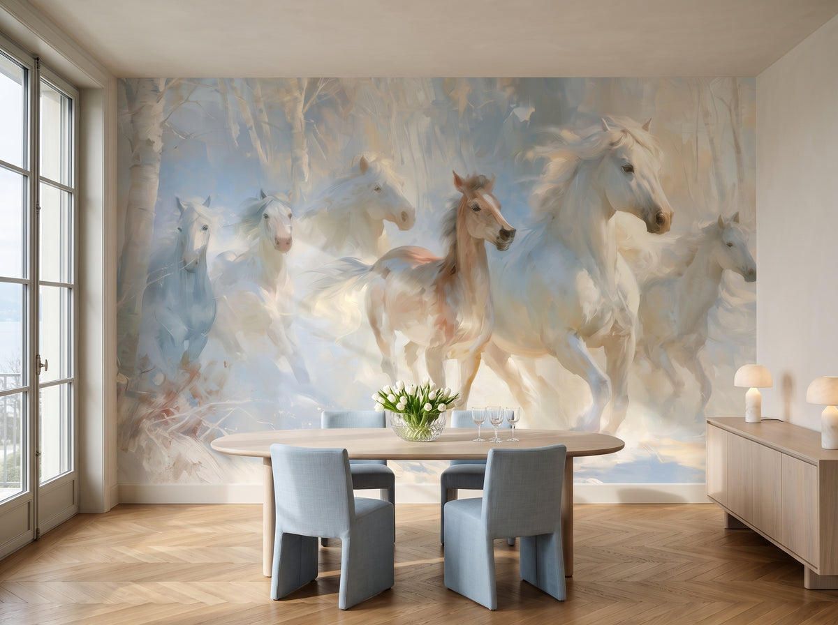 FROSTLIGHT HERD en una ambientación de comedor: manada de caballos blancos sobre una mesa ovalada de roble blanqueado y sillas azul claro