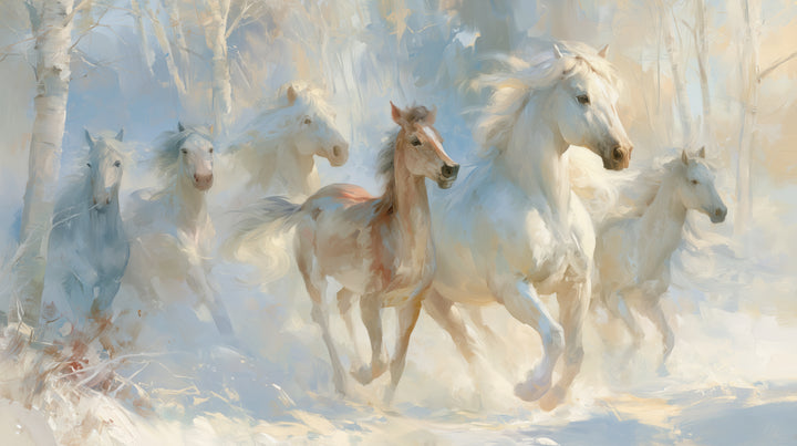 FROSTLIGHT HERD, diseño completo: cinco caballos blancos y un potro alazán corren por un bosque nevado con abedules