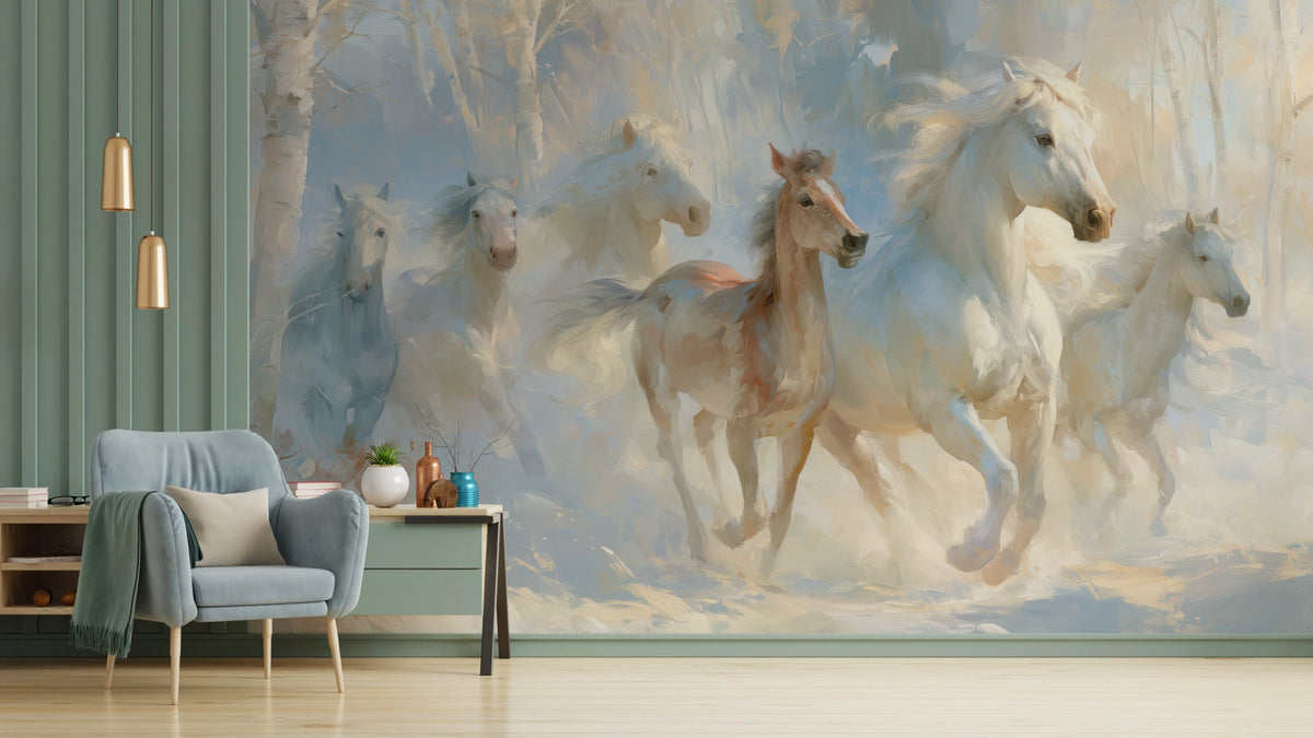 FROSTLIGHT HERD, pared de salón: caballos blancos y un potro alazán al galope por un bosque invernal; a la izquierda, panel verde y sillón celeste