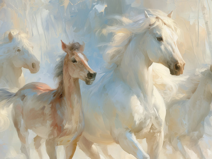FROSTLIGHT HERD de cerca: cabeza del potro alazán con lista blanca junto a un gran caballo blanco de crin ondulada