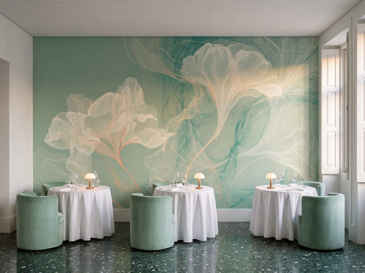GEORGETTE in der Raumgestaltung eines Restaurants in einem Altbau in Porto, davor runde Tische mit Tischdecken und mintgrüne Stühle