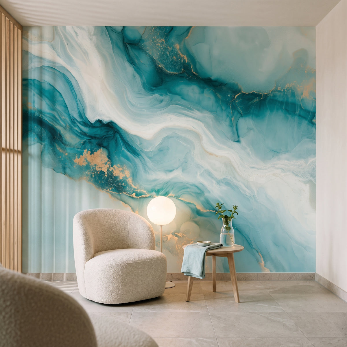 GLACIAL SILK w aranżacji recepcji spa: biała wstęga i złota wyspa na turkusie za kremowym fotelem, lampą i stolikiem