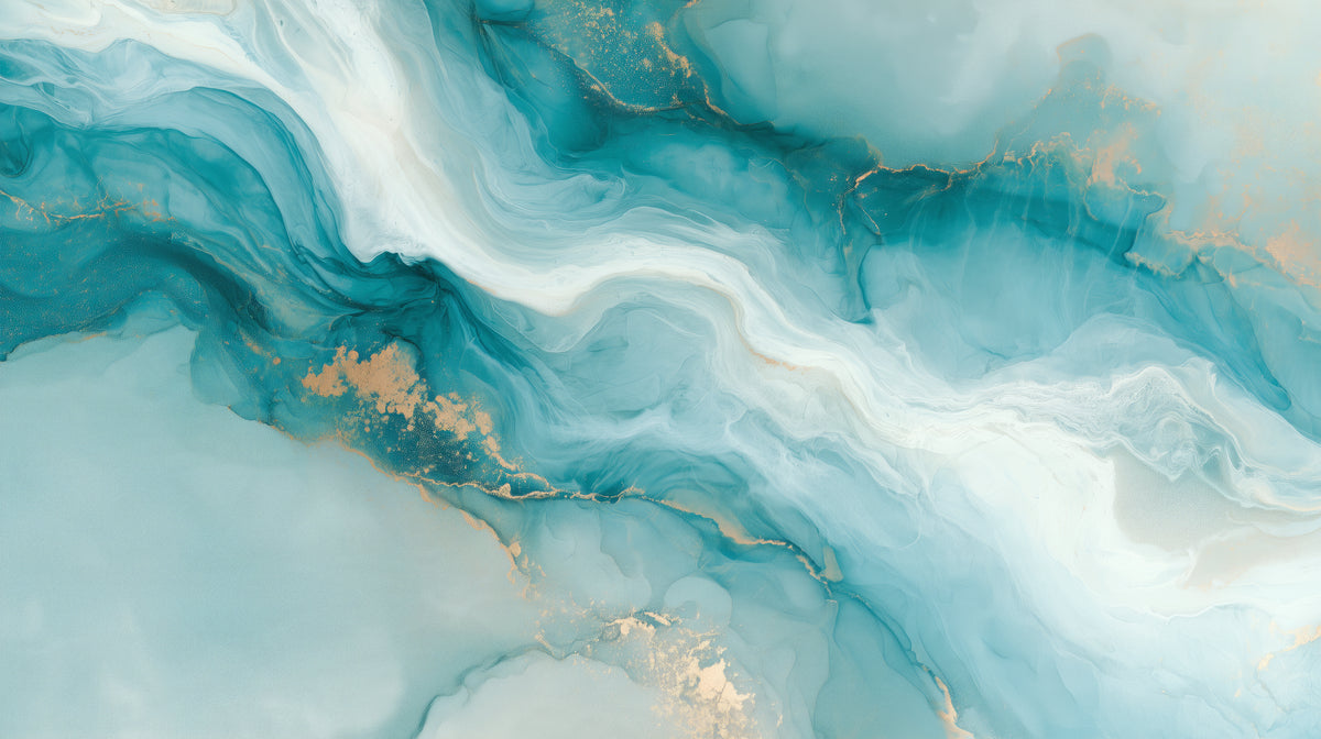 GLACIAL SILK – cały wzór: biała wstęga po przekątnej, warstwy ciemniejszego turkusu i małe złote wyspy