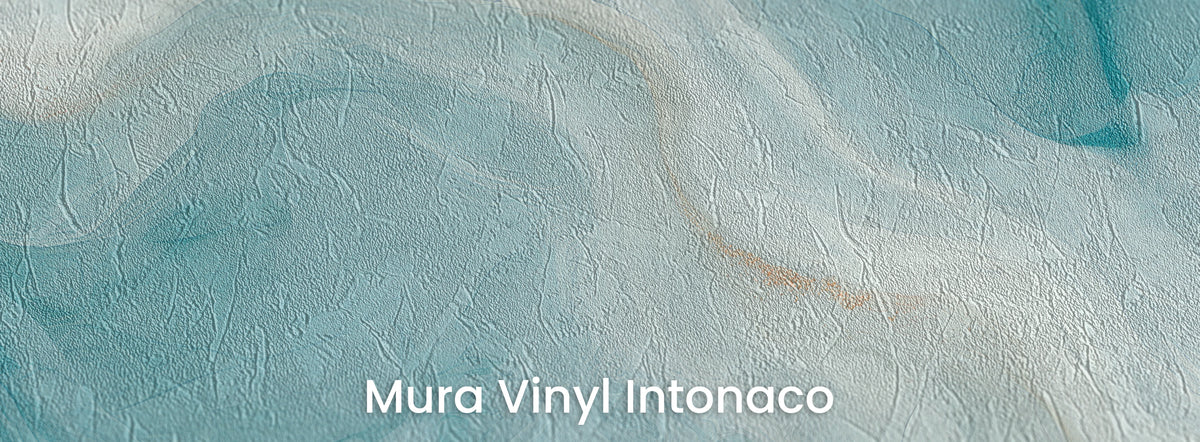 GLACIAL SILK na podłożu Mura Vinyl Intonaco: jasne fale turkusu ze złotą linią na fakturze tartego tynku