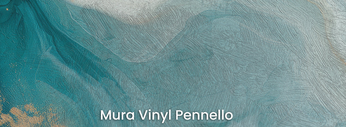GLACIAL SILK na podłożu Mura Vinyl Pennello: fale turkusu, biel i złoty pył, faktura pociągnięć pędzla