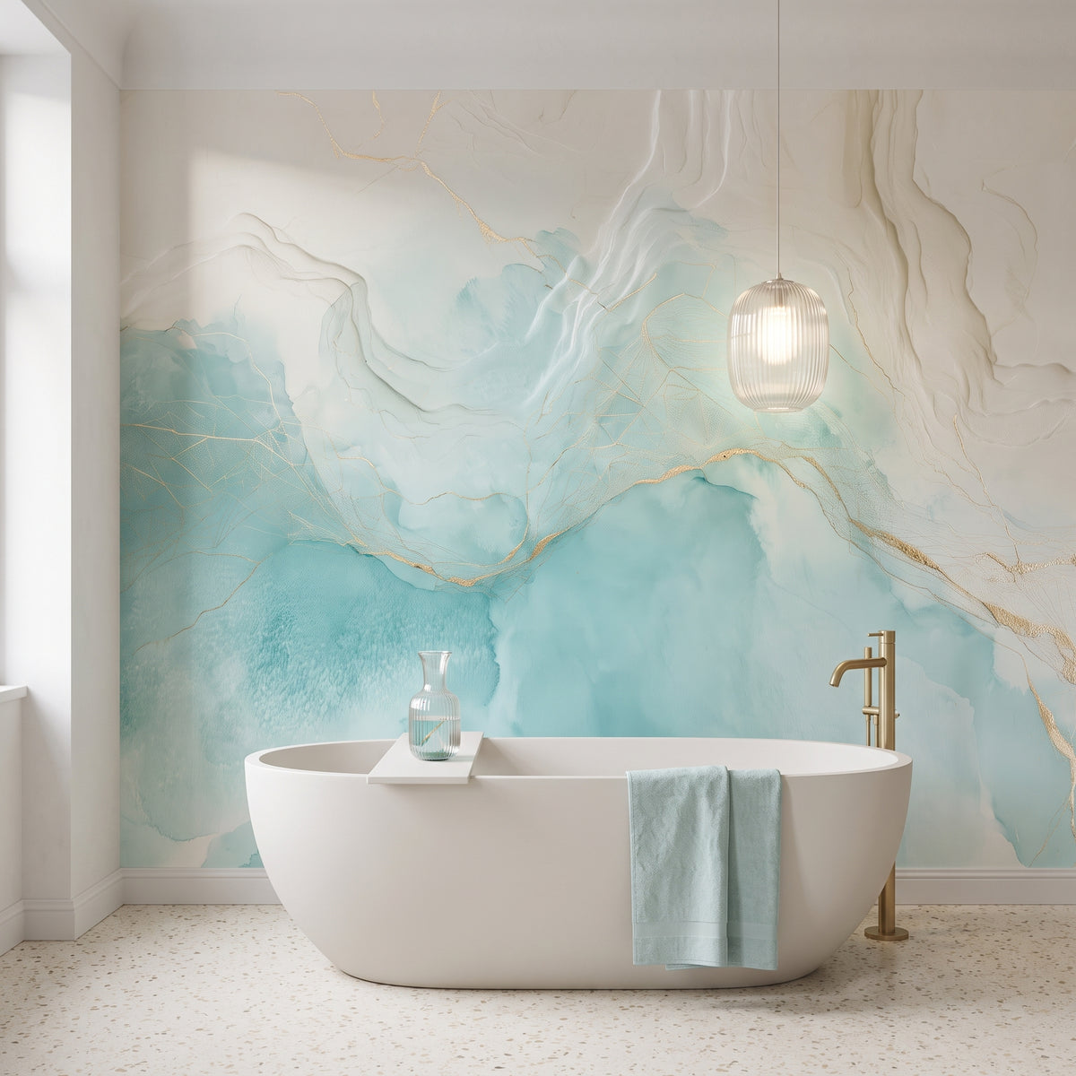 GOSSAMER TIDE en una ambientación de baño: mancha turquesa, crema con pliegues y línea dorada sobre una bañera blanca exenta