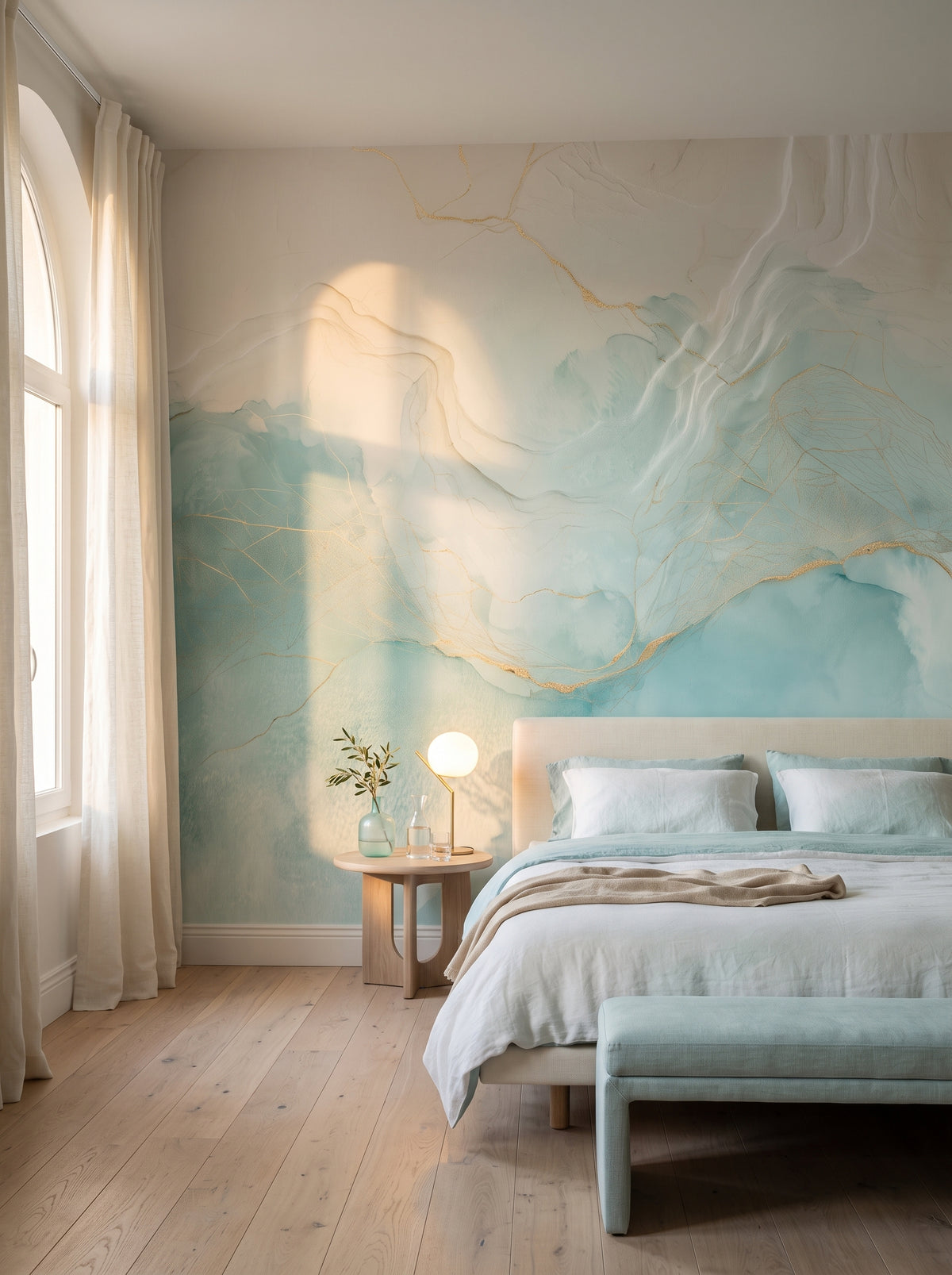GOSSAMER TIDE en una ambientación de dormitorio: acuarela turquesa con línea dorada tras una cama con cabecero bajo y crema