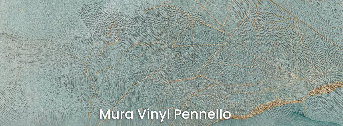GOSSAMER TIDE en el soporte Mura Vinyl Pennello: rayas doradas sobre turquesa, textura de pinceladas