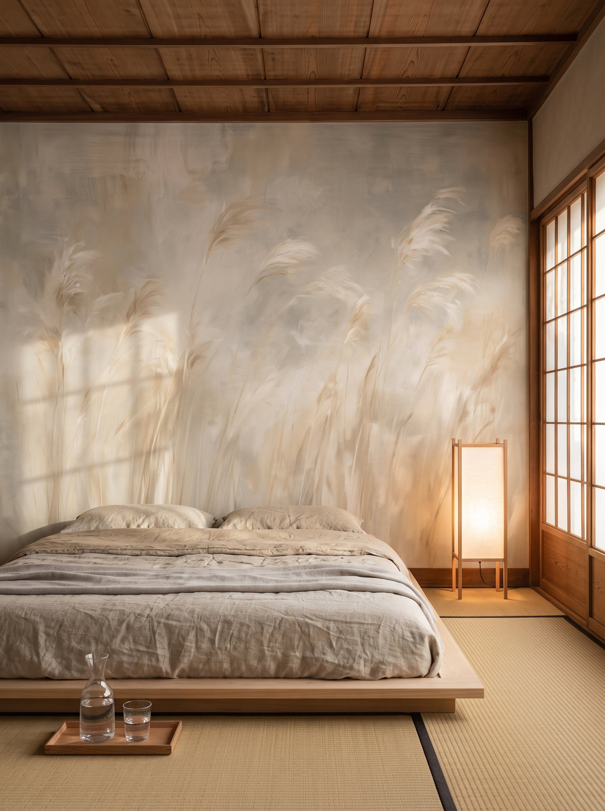 GRASS TIDE dans une mise en scène de chambre d'une maison machiya de Kyoto, au-dessus d'un lit bas sur estrade avec linge en lin