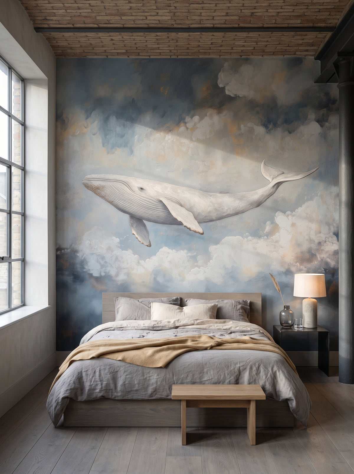 GREY NIMBUS in der Raumgestaltung eines Schlafzimmers: weißer Wal zwischen grauen Wolken über niedrigem Bett, daneben Nachttisch mit Lampe