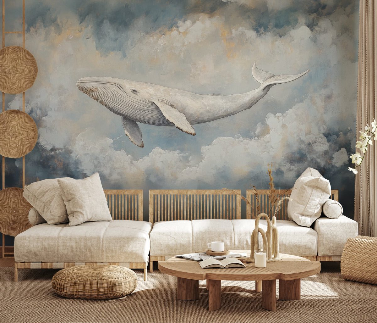 GREY NIMBUS auf der ganzen Wand eines Wohnzimmers: der ganze weiße Wal zwischen graublauen Wolken über langem hellem Sofa und Holztisch