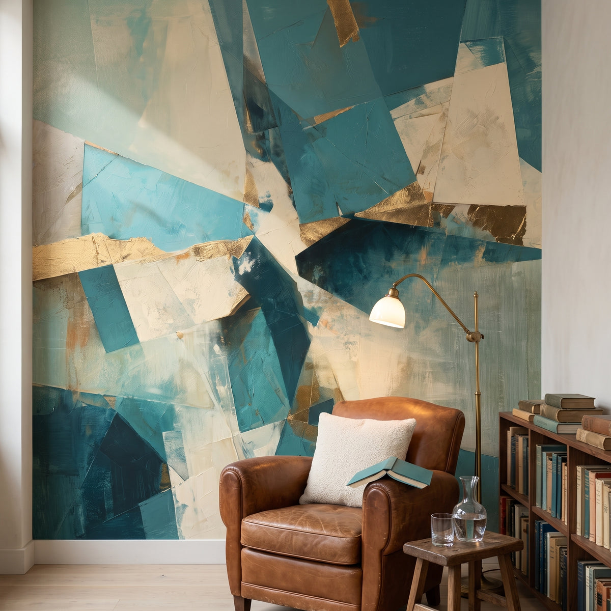 HARBOUR COLLAGE in a reading corner setting: a leather armchair and a brass lamp in front of the wall