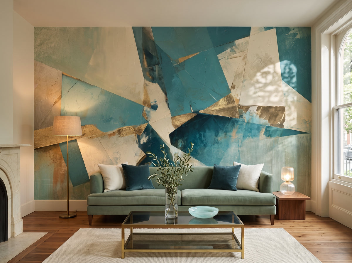 HARBOUR COLLAGE in a living room setting: a low sage sofa and a glass table in front of a whole wall