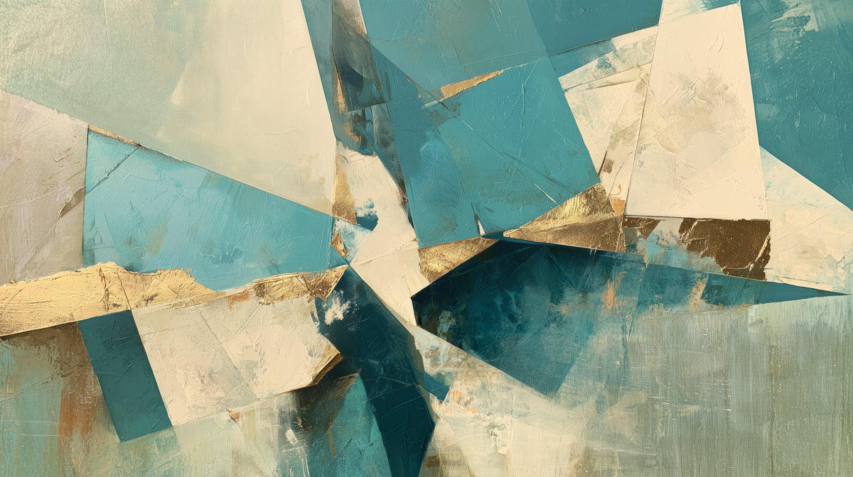 HARBOUR COLLAGE – the full design: slanting planes of turquoise, cream and gold above a calm, grey-green lower part