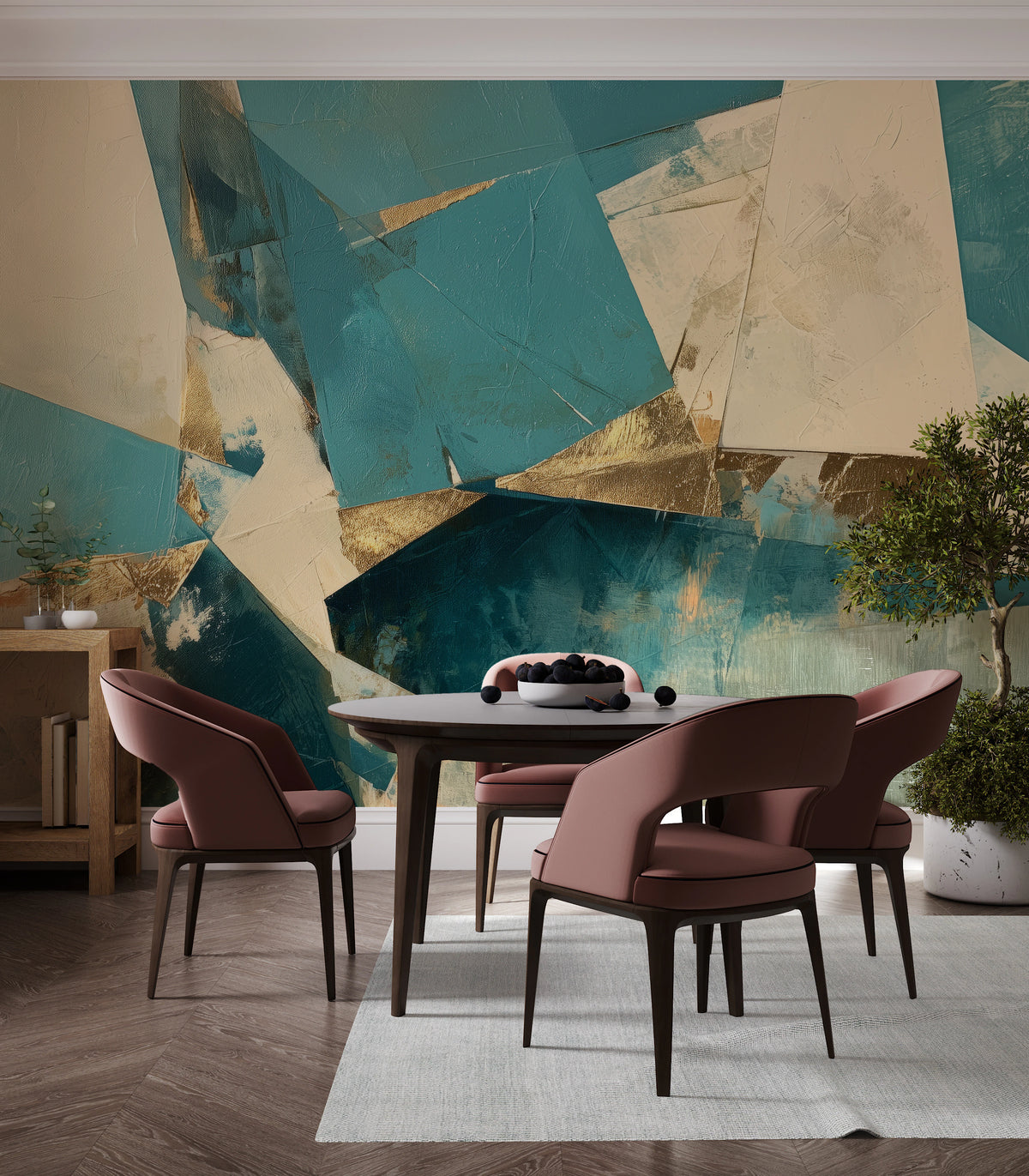 HARBOUR COLLAGE on a dining room wall behind a round table and pink chairs – the scale of the gold bands against the furniture