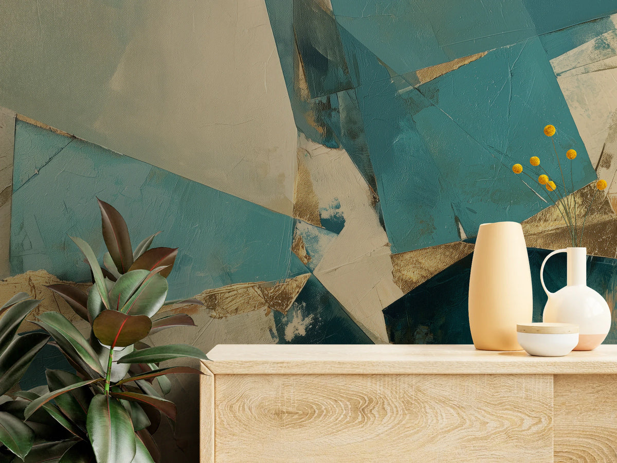 HARBOUR COLLAGE close up above an oak chest of drawers with vases: turquoise and cream fields, a gold band and a navy form
