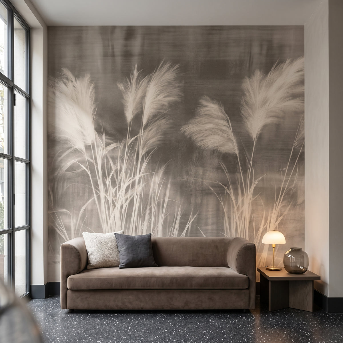HEADWIND in a hotel lobby setting in a former bank, with a low velvet sofa and an oak table in front of the wall