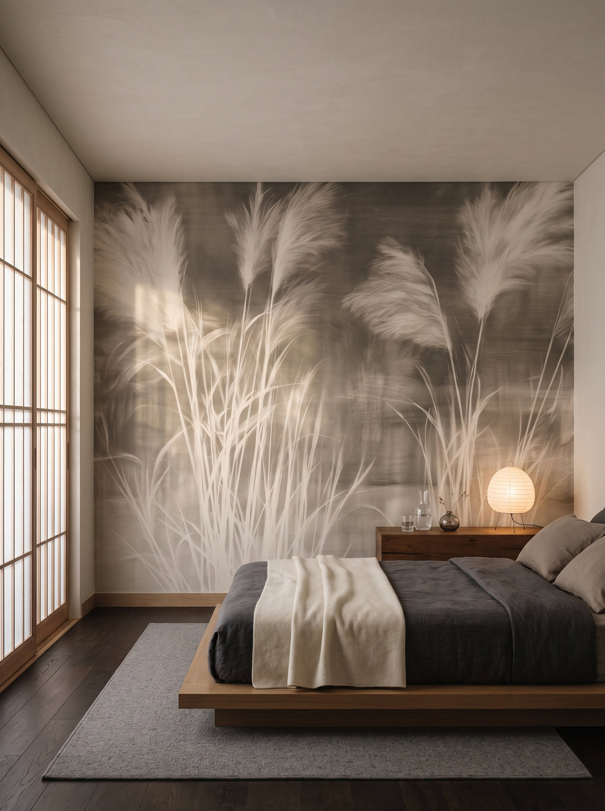 HEADWIND in a bedroom setting in a hanok-inspired home, with a low platform bed and a chest with a lamp in front of the wall