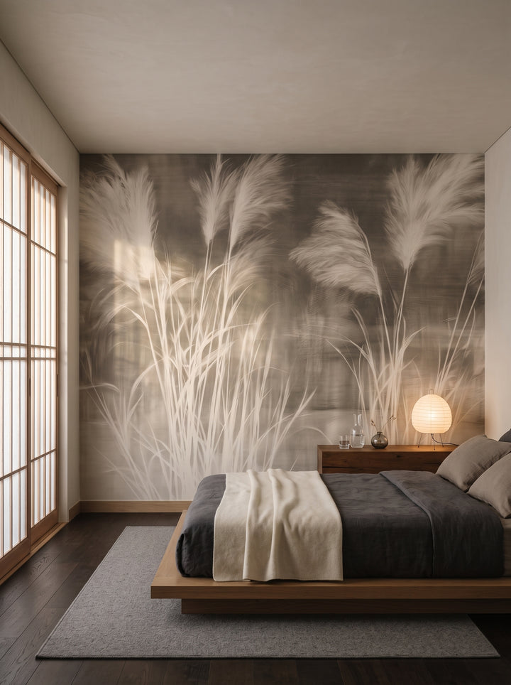 HEADWIND en una ambientación de dormitorio en una casa inspirada en el hanok, ante la pared una cama baja sobre tarima y un arcón con lámpara