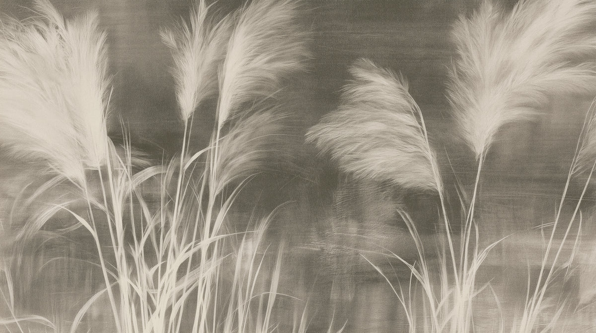 HEADWIND – cream pampas grass plumes in the wind on a charcoal-brown background with brushstrokes