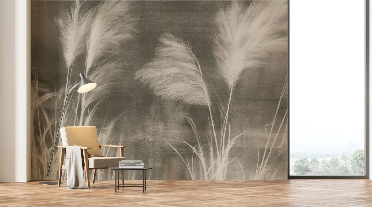 HEADWIND across a whole wall in a bright living room with a large window – plumes rise high above a floor lamp and armchair