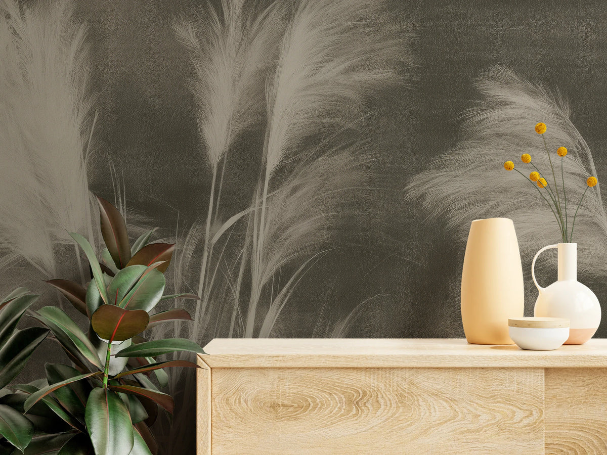 HEADWIND up close – cream plumes above a light chest of drawers with vases, and visible brushstrokes in the charcoal background