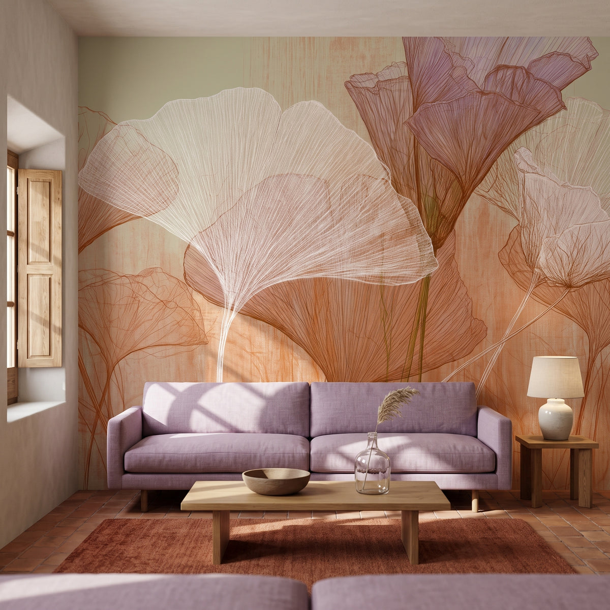 HEATHER FRESCO en una ambientación de salón en una casa encalada del Alentejo, con un sofá bajo lila y una mesita de roble delante