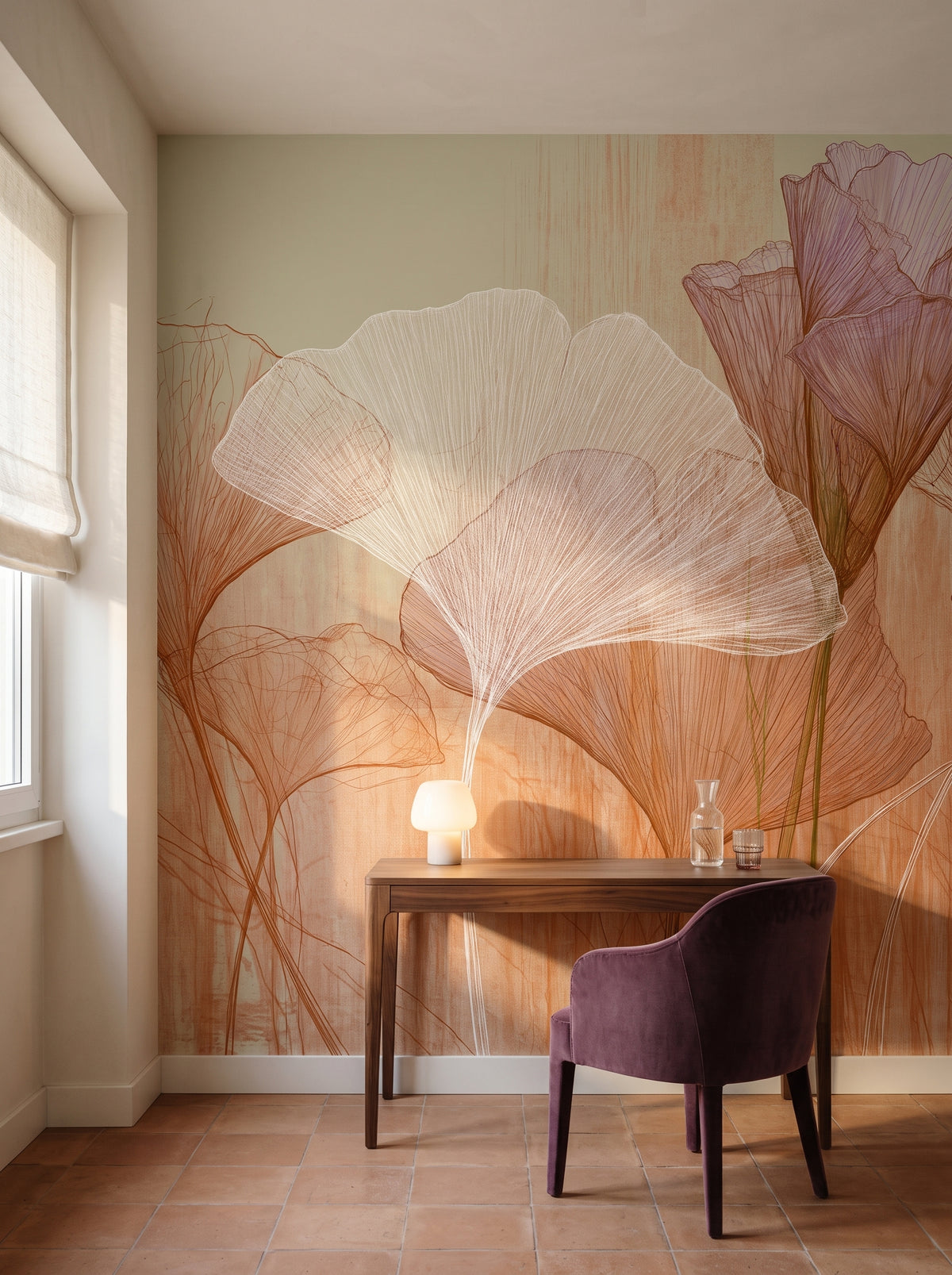 HEATHER FRESCO en una ambientación de despacho en un apartamento de Roma, con un escritorio de nogal y un sillón color ciruela delante