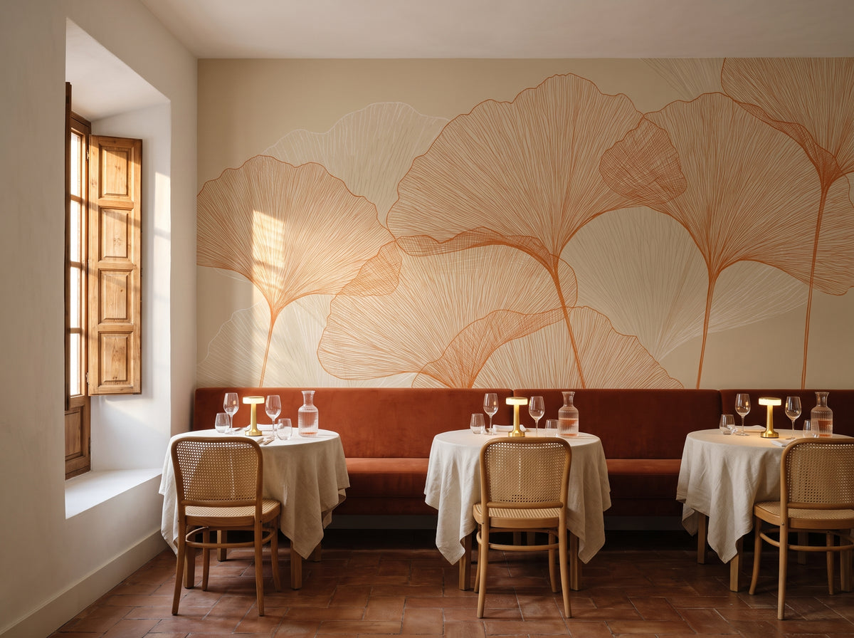 HENNA THREAD en una ambientación de restaurante en un edificio andaluz, con una banqueta de terciopelo color óxido y mesas delante