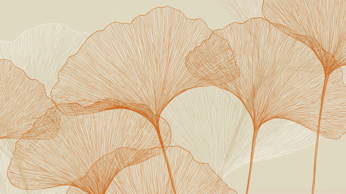 HENNA THREAD – diseño completo: enormes hojas de ginkgo de líneas terracota sobre largos rabillos, fondo arena