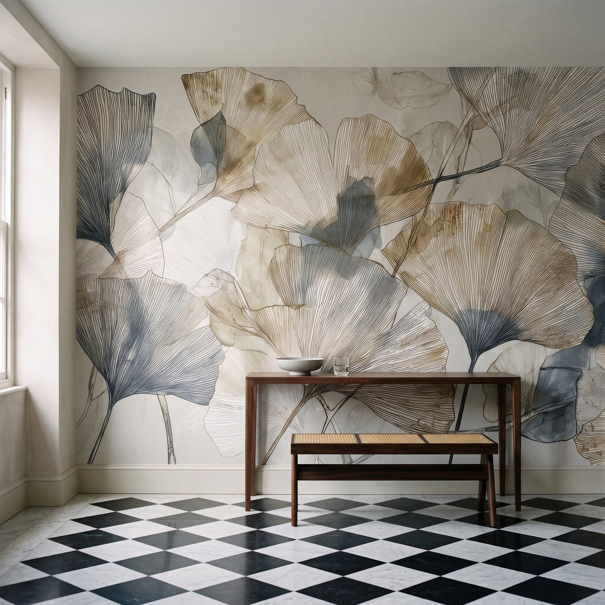 HERBARIUM mis en scène dans le hall d'un immeuble d'Édimbourg, devant le mur une console en noyer avec un bol gris et un banc canné