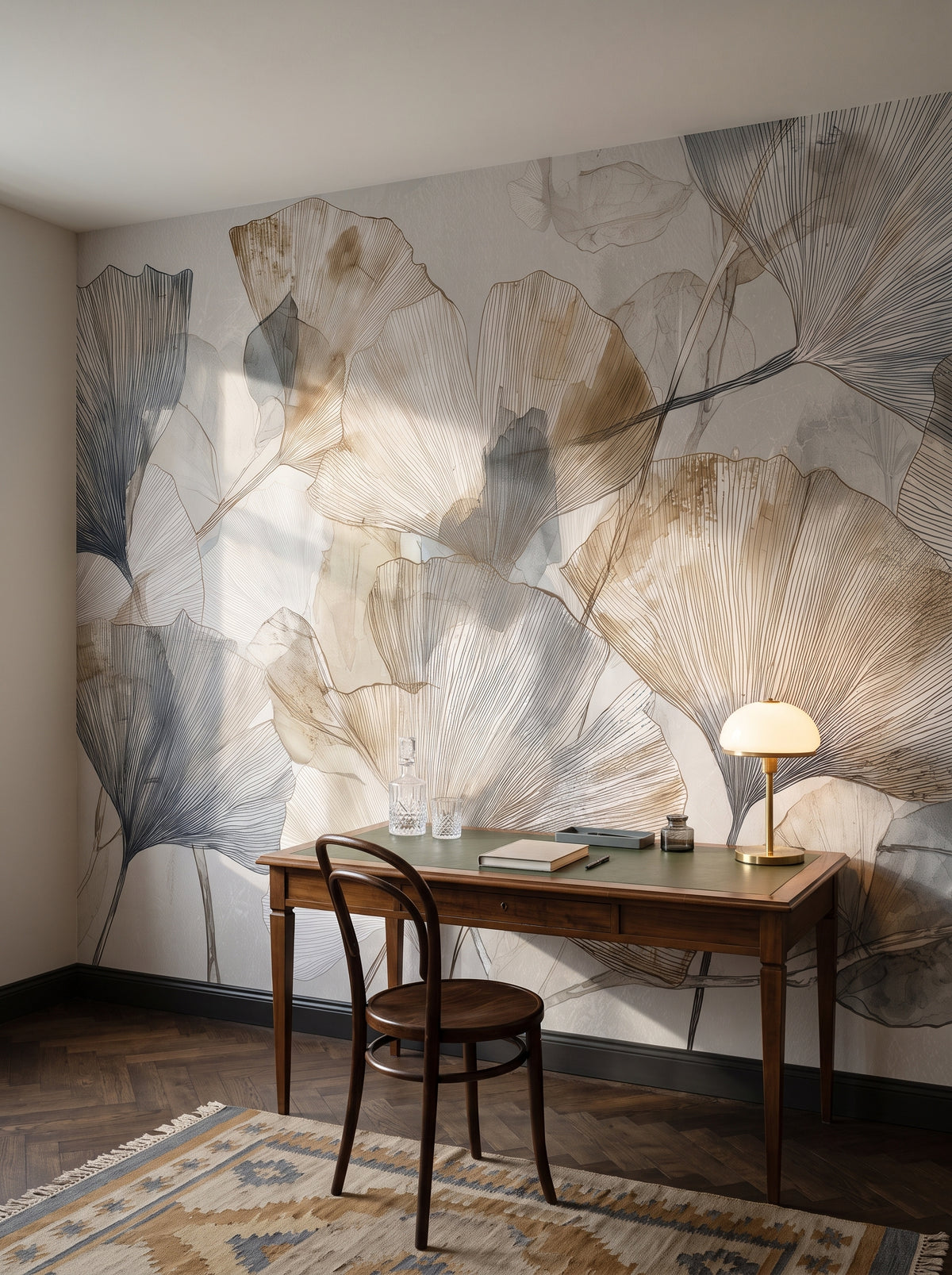 HERBARIUM mis en scène dans un cabinet de travail d'un immeuble viennois, devant le mur un bureau en noyer au plateau vert et une chaise en bois courbé
