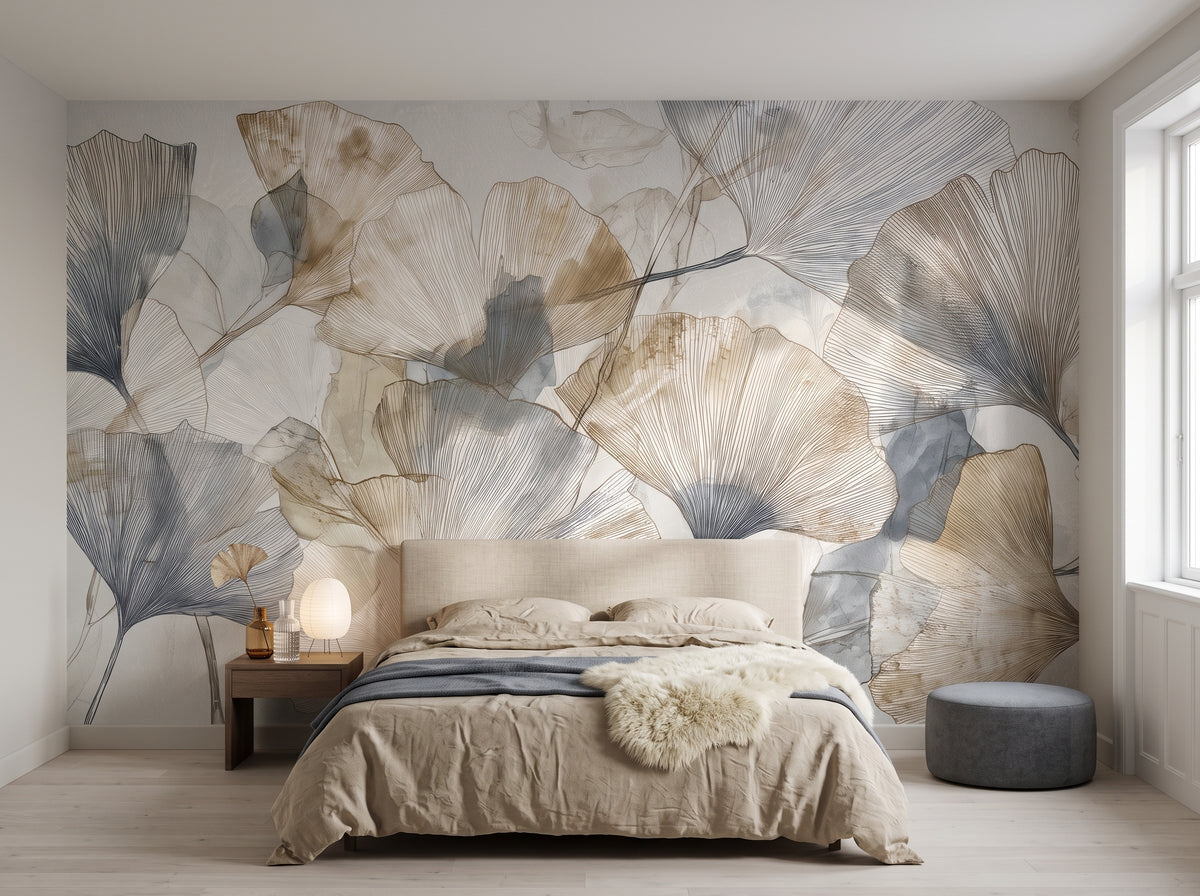 HERBARIUM mis en scène dans une chambre d'un appartement copenhaguois, devant le mur un lit bas à tête de lit en lin et une table de chevet