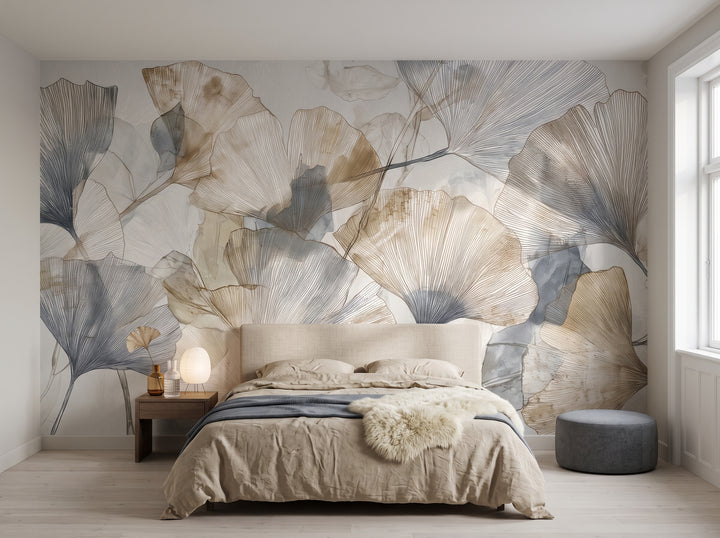 HERBARIUM nell'ambientazione di una camera da letto a Copenaghen: davanti alla parete ci sono un letto basso con testiera in lino e un comodino