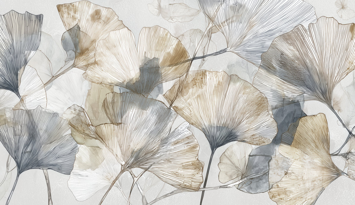 HERBARIUM – motif entier : feuilles de ginkgo sable, crème et ardoise aux nervures dessinées sur un fond gris clair