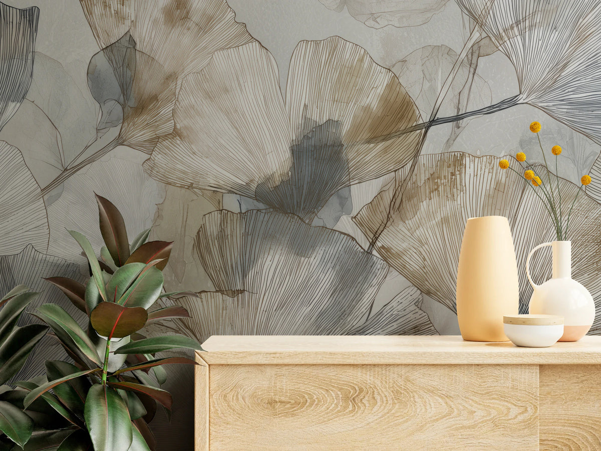 HERBARIUM de près au-dessus d'une commode claire avec des vases – auréoles sable et fin trait de nervures sur les feuilles