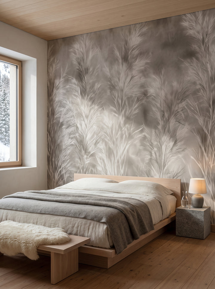 HOARFROST w aranżacji apartamentu w górskim hotelu w Engadynie, przed ścianą niskie łóżko z szarym kocem i ława z owczą skórą