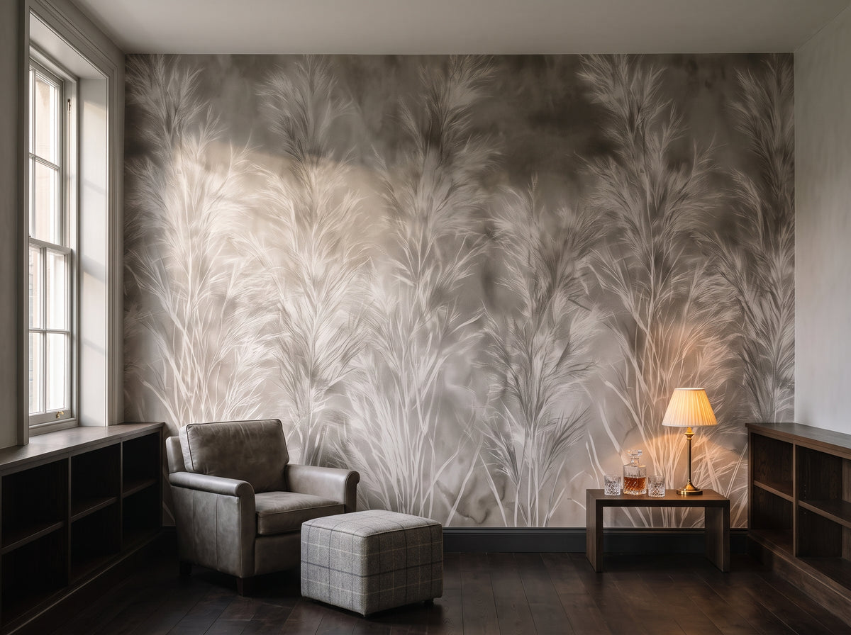 HOARFROST w aranżacji biblioteki w georgiańskim mieszkaniu w Edynburgu, przed ścianą fotel, pufa w kratę i stolik z lampą