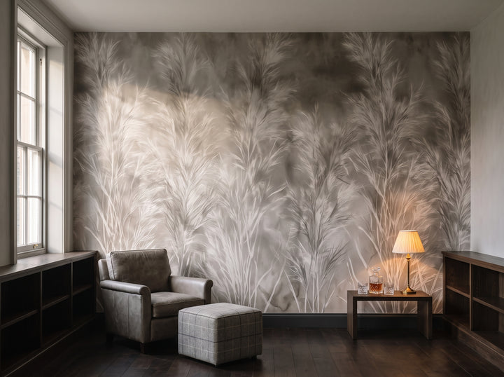 HOARFROST w aranżacji biblioteki w georgiańskim mieszkaniu w Edynburgu, przed ścianą fotel, pufa w kratę i stolik z lampą