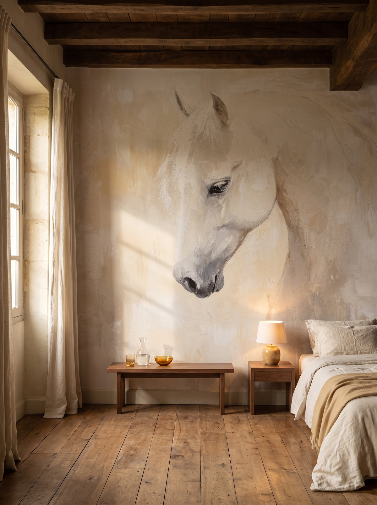 HONEY HUSH en una ambientación de dormitorio en una casa señorial de piedra: banco de nogal bajo el hocico del caballo blanco y cama baja de lino a la derecha