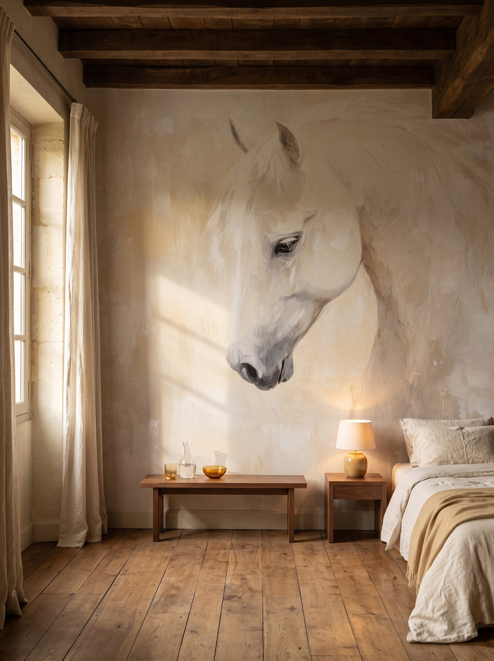 HONEY HUSH en una ambientación de dormitorio en una casa señorial de piedra: banco de nogal bajo el hocico del caballo blanco y cama baja de lino a la derecha