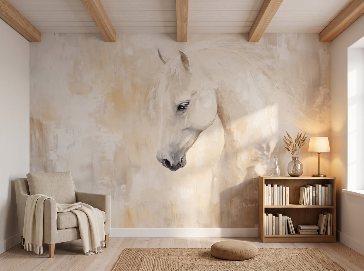 HONEY HUSH en una ambientación de rincón de lectura en una buhardilla: sillón a la izquierda, estantería baja con libros a la derecha, caballo en el centro