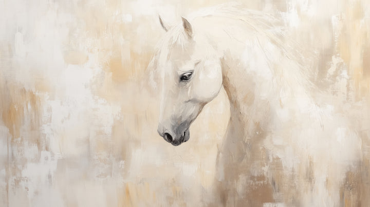 HONEY HUSH, diseño completo: caballo blanco con la cabeza inclinada hacia la izquierda, larga crin a la derecha, fondo en crema y beige miel