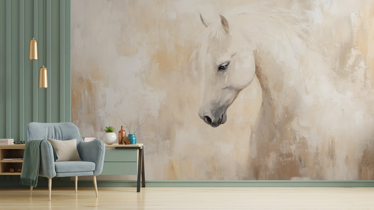 HONEY HUSH, pared de salón: caballo blanco con la cabeza inclinada en el centro de una pared crema y miel; a la izquierda, panel verde y sillón celeste