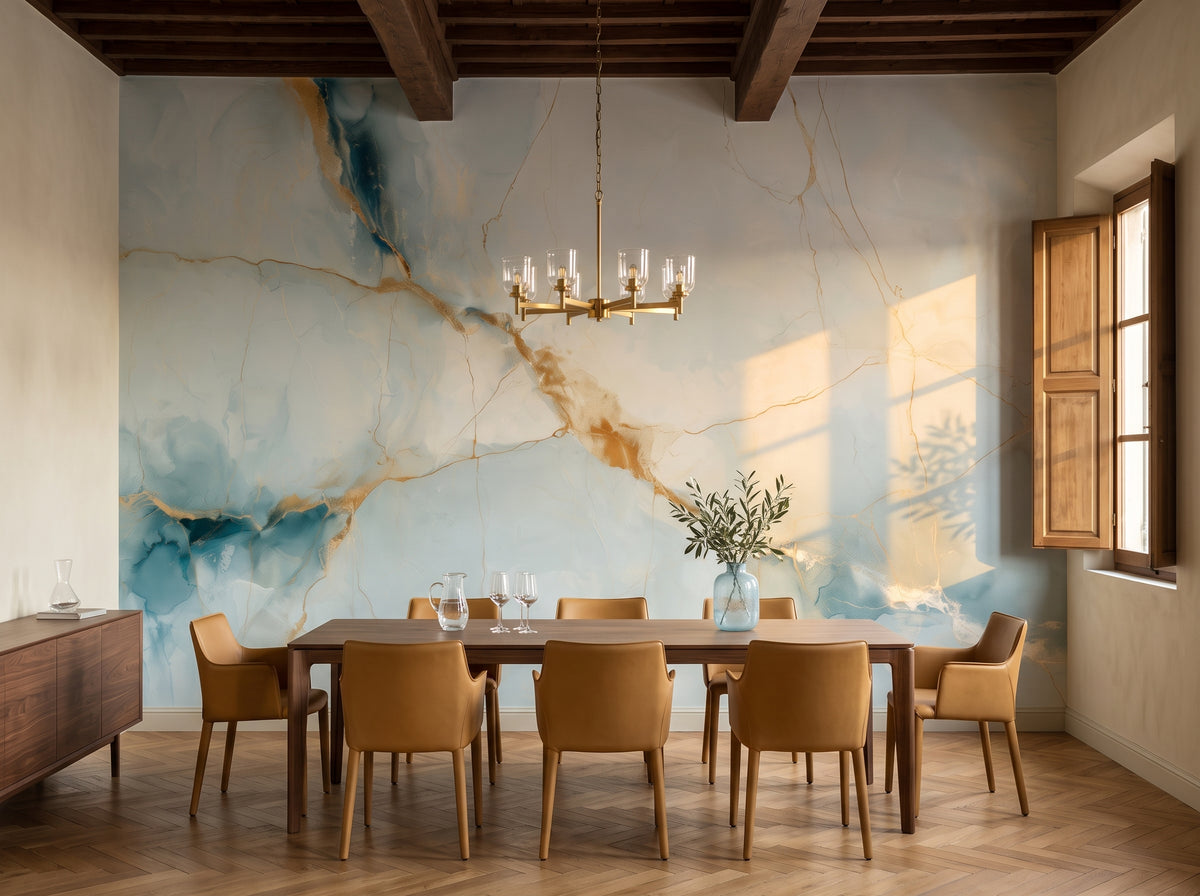 HONEY SEAM, mise en scène d’une salle à manger dans un appartement florentin, derrière une longue table en noyer et des chaises en cuir