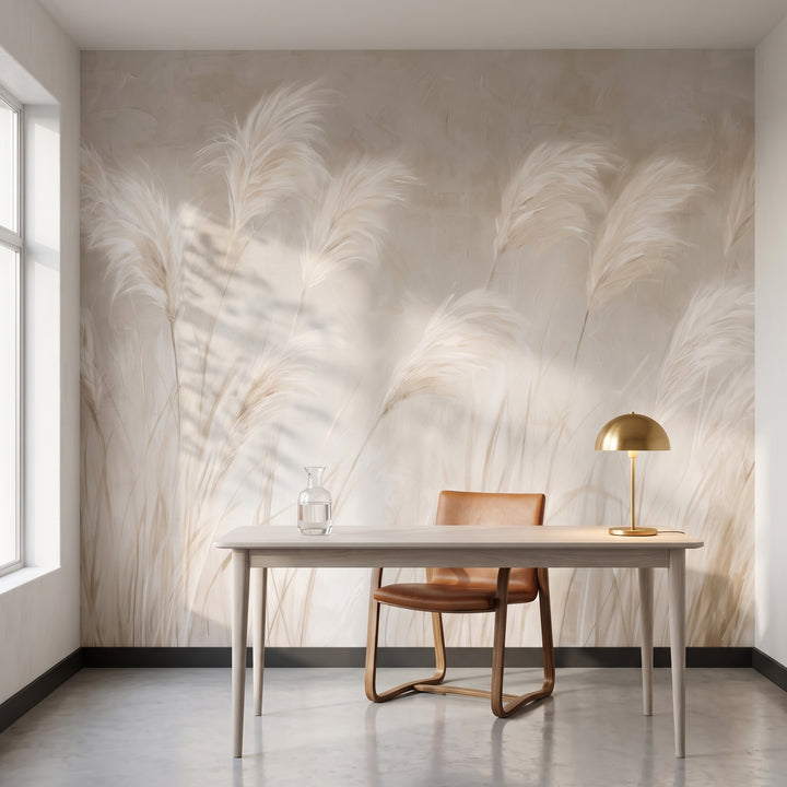 IMPASTO dans une mise en scène de bureau d'une maison des années 50 sur une colline, devant le mur une longue table de travail en frêne et une chaise en cuir