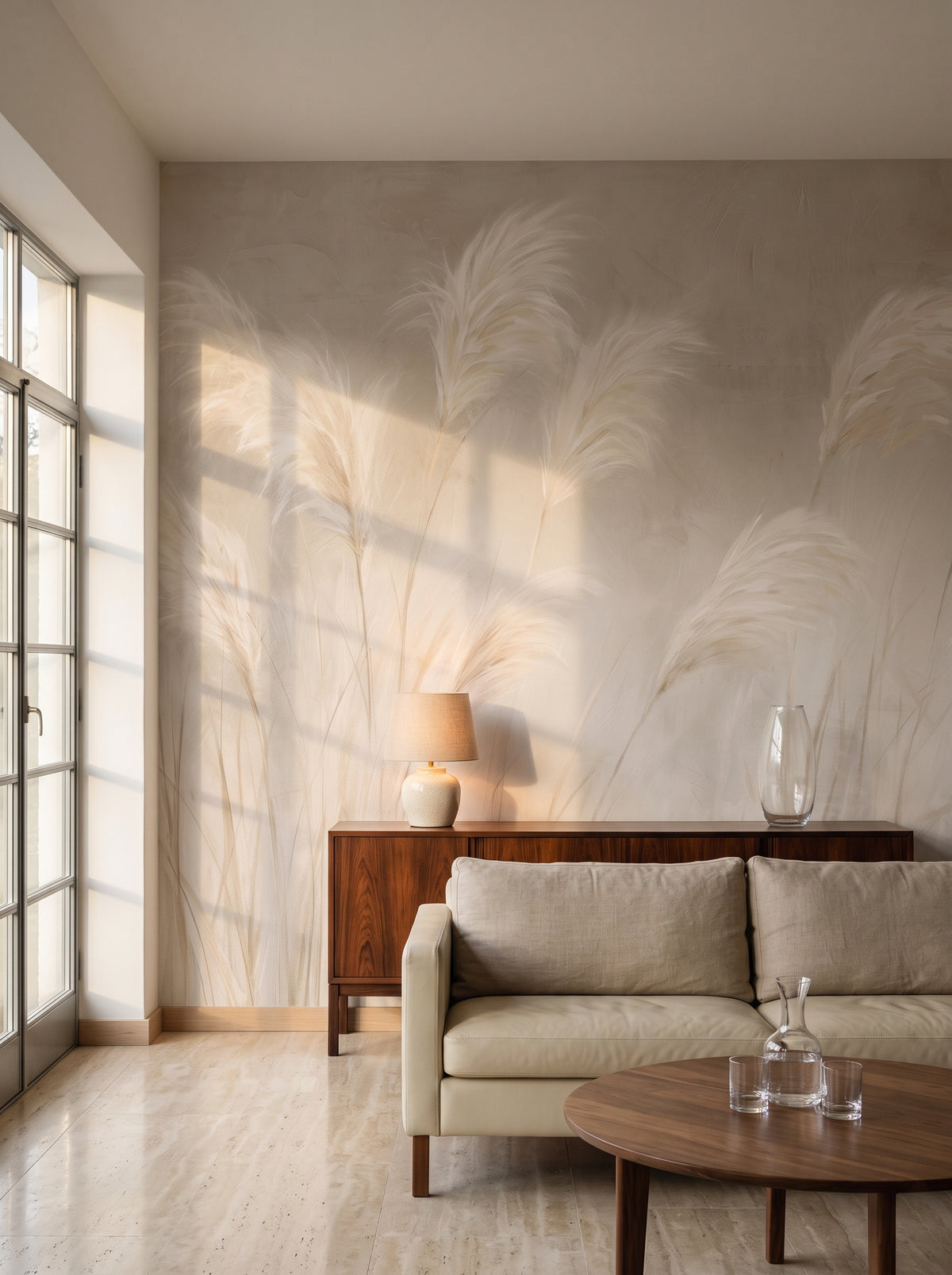 IMPASTO dans une mise en scène de salon d'une villa moderniste à Kaunas, devant le mur un canapé bas crème et une table basse en noyer